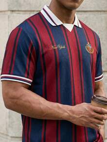 Manfinity EZcore Plus Size Men's Vertical Stripe "New York" Print Polo Shirt, Ideal For Street, Hangouts, Parties & Daily Wear, For Men, Teens, Students - Multicolor - View 4