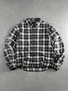 ROMWE MEN Men's Printed Plaid Loose Long Sleeve Shirt - Black and White - View 9