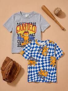 GARFIELD | SHEIN Camiseta de cuello redondo de punto con estampado de dibujos animados a cuadros para niño joven - Multicolor - View 1