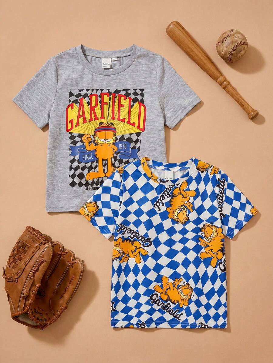 GARFIELD | SHEIN Camiseta de cuello redondo de punto con estampado de dibujos animados a cuadros para niño joven - Multicolor - View 1