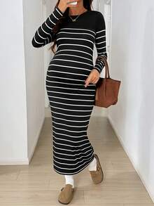 SHEIN 孕婦條紋圓領長袖修身休閒洋裝 秋季 - 黑色 - 查看 1