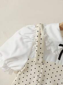 SHEIN 青少年女孩波點泡泡袖蝴蝶結A字洋裝，校園風，返校季 - 白色 - 查看 7