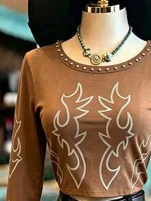 NostaNoir Women's Round Neck Stud Decor Casual Streetwear 2000s Versatile Everyday T-Shirt Concert Rave Brown Autumn - Multicolor - View 4