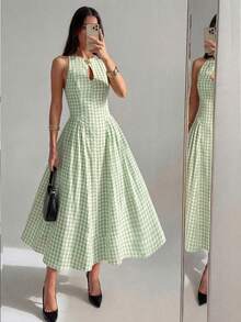 Modelyn Women's Spring/Summer Yellow Woven Plaid Textured Water Drop Neckline Metal Button Cinched Waist A-Line Elegant Romantic Midi Dress - Pastel Green - View 9