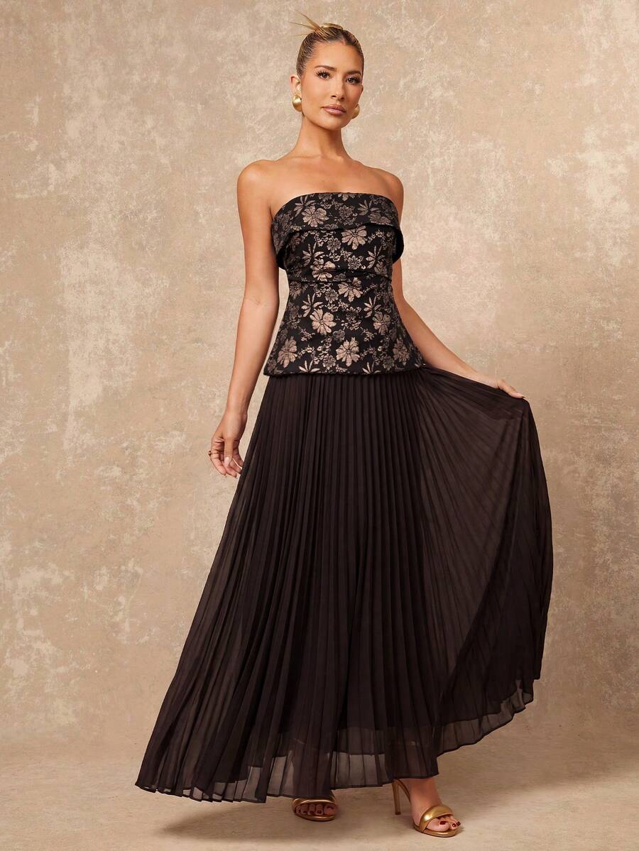 Lumalex Elegant Mature Black And Gold Jacquard Fabric Strapless Fitted Ruched Chiffon Maxi A-Line Dress, Evening Gown, Women's Spring Clothing, Wedding Dinner