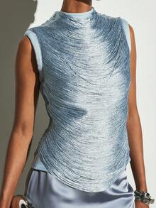 KSTM Sleeveless Mock Neck Ruched Metallic Shimmer Tank Top With Back Zip Closure Elegant Evening Party Wear - Baby Blue - View 5
