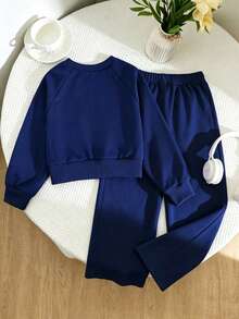 Elladie kids 女童新款休閒時尚運動長袖運動衫套裝，秋季 - 藏蓝色 - 查看 2