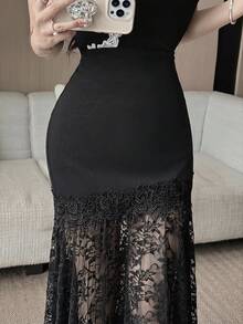 Feyla 女款優雅純色蕾絲拼接裙 - 黑色 - 查看 6
