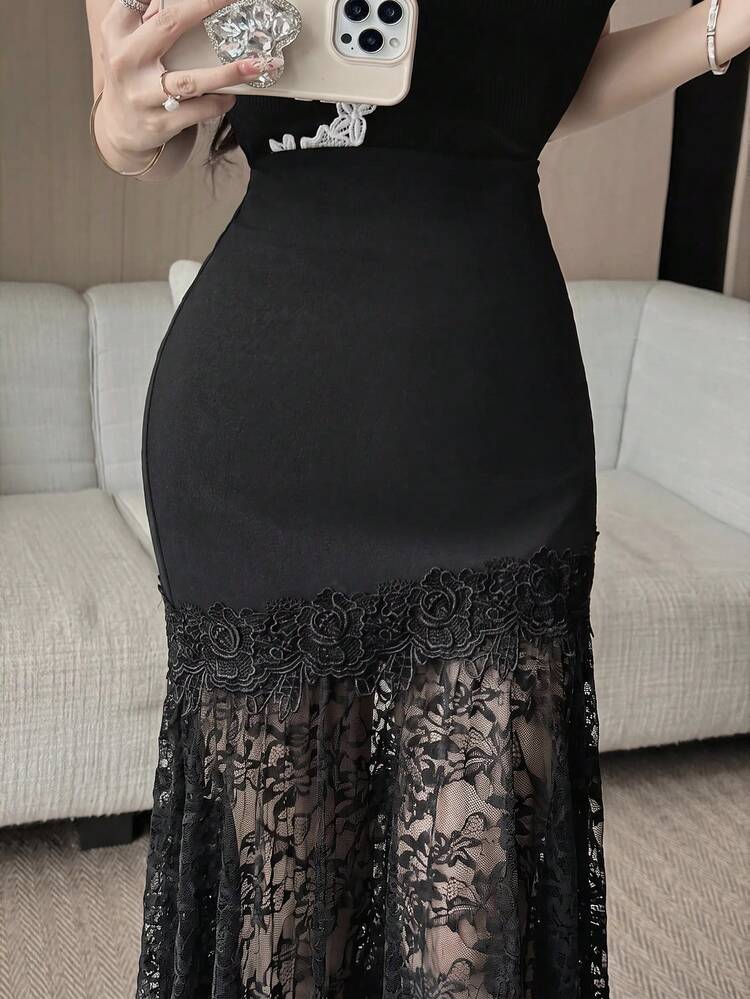 Feyla Women's Elegant Solid Color Lace Patchwork Skirt - Black - View 5