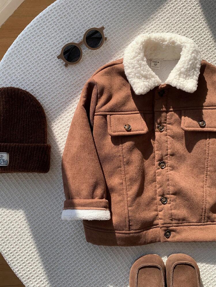 SHEIN Kids Young Boy Thermal Lined Thick Corduroy Turn-Down Collar Jacket, Thermal Jacket, Winter Jacket, Jacket, Wool, Thick, Toddler Winter Clothing - Brown - View 4