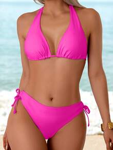 Swim Vcay 夏季海滩霓虹粉色比基尼套装系带露背吊带无线胸罩和系带侧底 2 件比基尼 - 玫紅色 - 查看 1