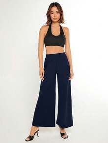 SHEIN BASICS 女款純色時尚百搭寬鬆寬腿褲 夏季女裝套裝 - 藏蓝色 - 查看 5