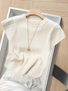 SHEIN Blusa feminina de malha de lã, manga curta, gola redonda, cor sólida, estilo casual minimalista. Blusas femininas de manga curta, blusas femininas para o verão. - Damasco - Ver 6