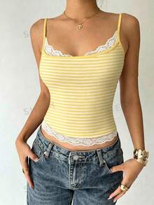 Aloruh Women's Sexy Y2K Lace Patchwork Striped Camisole - Yellow - View 3