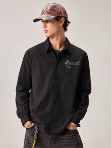 Strevion BATMAN Kemeja Pria Lengan Panjang Longgar Kasual dengan Motif Grafis Minimalis, Cocok untuk Musim Gugur & Musim Panas - Hitam - View 2