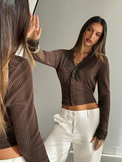 Aloruh Women's Autumn/Winter New Knit Long Sleeve Lace Trim Brown T-Shirt