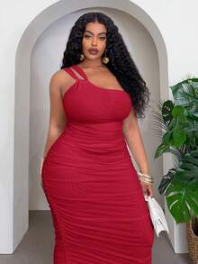 Slaydiva Plus Size Women Solid Color One Shoulder Ruched Casual Party Dress - Red - View 6