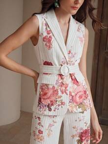 Anewsta Elegant Urban Chic Vintage Floral & Striped Print Lapel Sleeveless Vest With Belt + High-Waisted Draping Long Suit Pants, Women's Suit Set - Multicolor - View 3