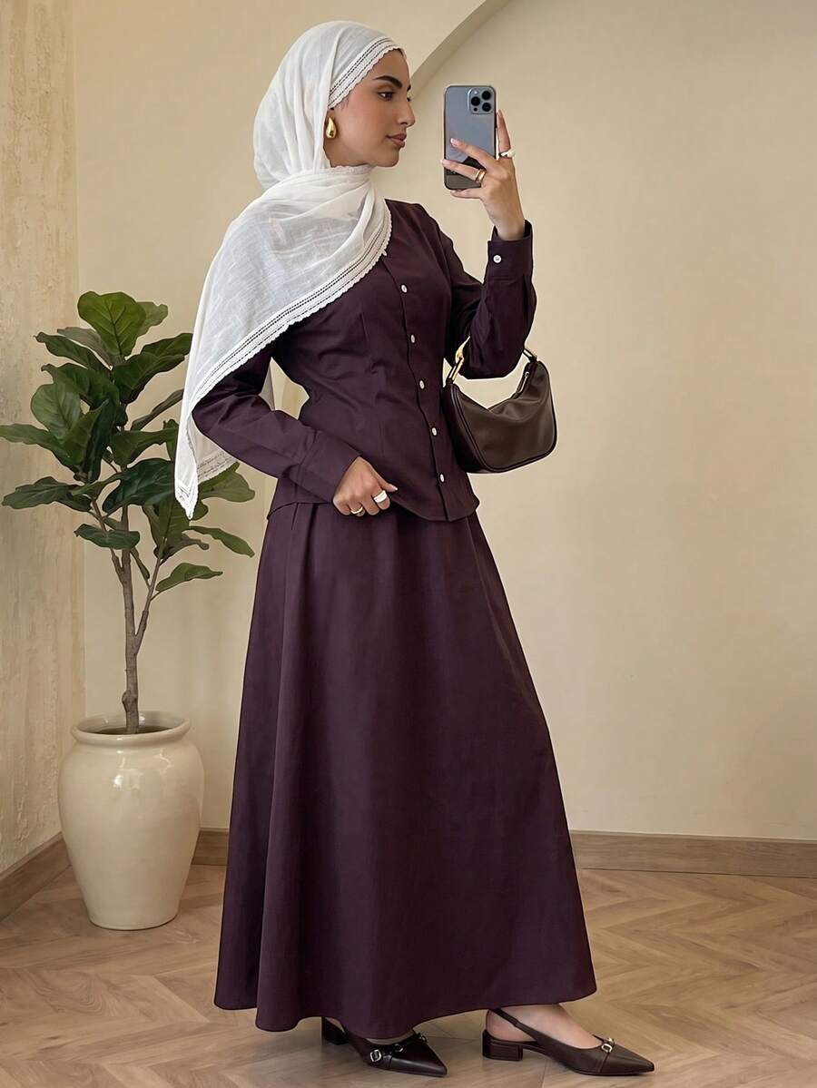 Solavon Women's Shirt And Skirt Arabic Costume Set - Brown - View 1