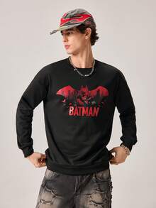 Strevion BATMAN 男士休闲红色蝙蝠侠标志印花圆领长袖T恤，适合春秋季日常穿着 - 黑色 - 查看 4