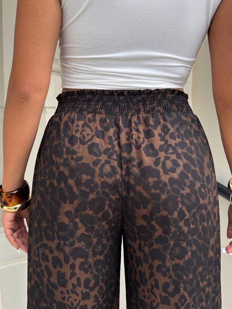 Muchica Plus Size Women's Leopard Print Shirred Waist Wide Leg Long Pants Fall - Multicolor - View 5
