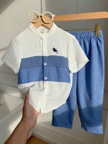 SHEIN 兒童小男孩休閒經典配色拼接領短袖襯衫與純色休閒長褲2件套，襯衫套裝 - 彩色 - 查看 8