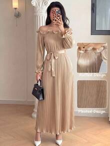 Modelyn Vestido largo elegante para mujer de color champán, con manga corta, manga larga, hombros descubiertos, ribete de volantes y plisado - Champán - Ver 9