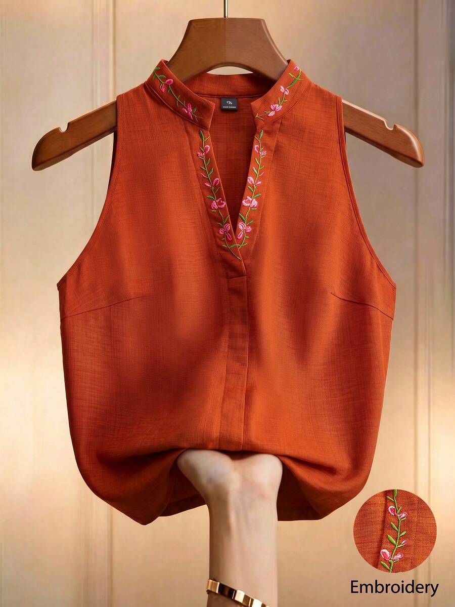 GlowEve CURVE Plus Size Fashion Vacation Exquisite Embroidered Tank Top For Travel - Brown - View 1