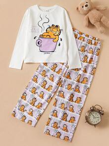 GARFIELD | SHEIN 2 件套青少年女孩针织休闲全身印花圆领长袖上衣和全印花直筒裤睡衣套装 - 白色 - 查看 1