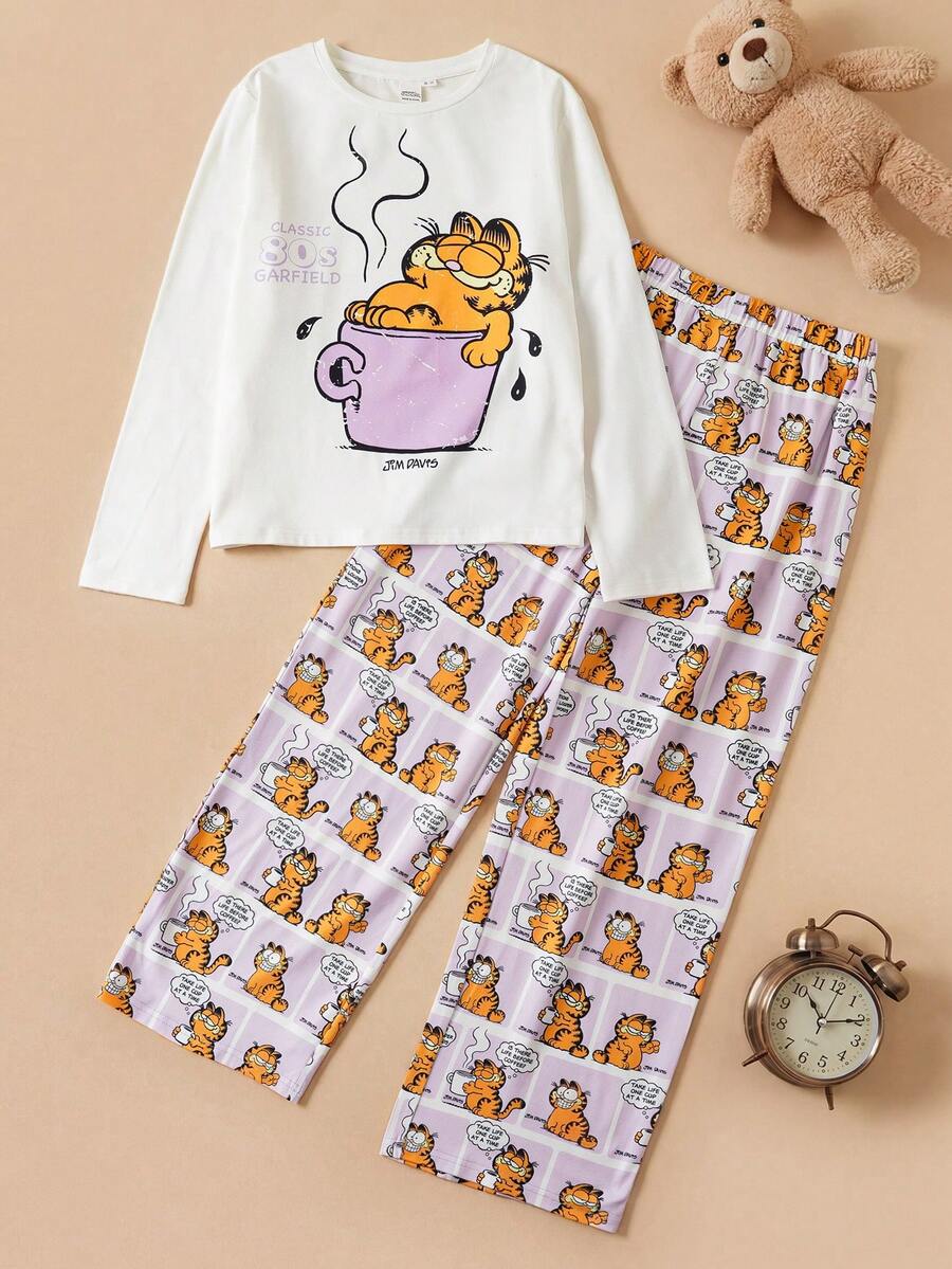 GARFIELD | SHEIN 2 件套青少年女孩针织休闲全身印花圆领长袖上衣和全印花直筒裤睡衣套装 - 白色 - 查看 1