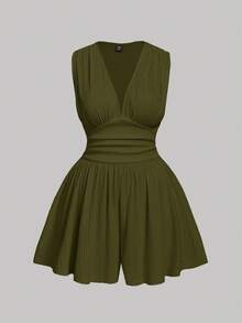 SHEIN MOD V-Neck Ruched Waist Short Plus Size Women Jumpsuit - Army Green - View 1