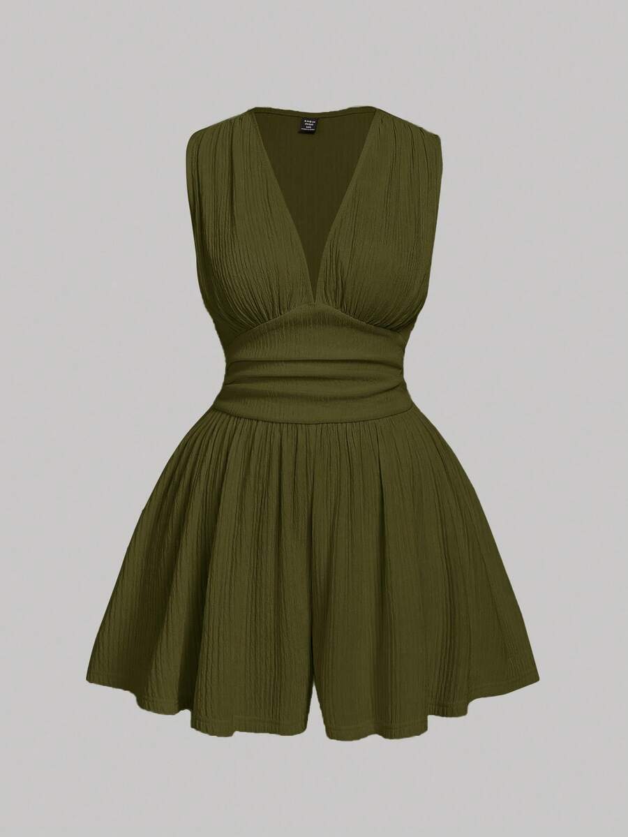 SHEIN MOD V-Neck Ruched Waist Short Plus Size Women Jumpsuit - Army Green - View 1
