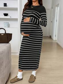 SHEIN 孕婦條紋圓領長袖修身休閒洋裝 秋季 - 黑色 - 查看 4