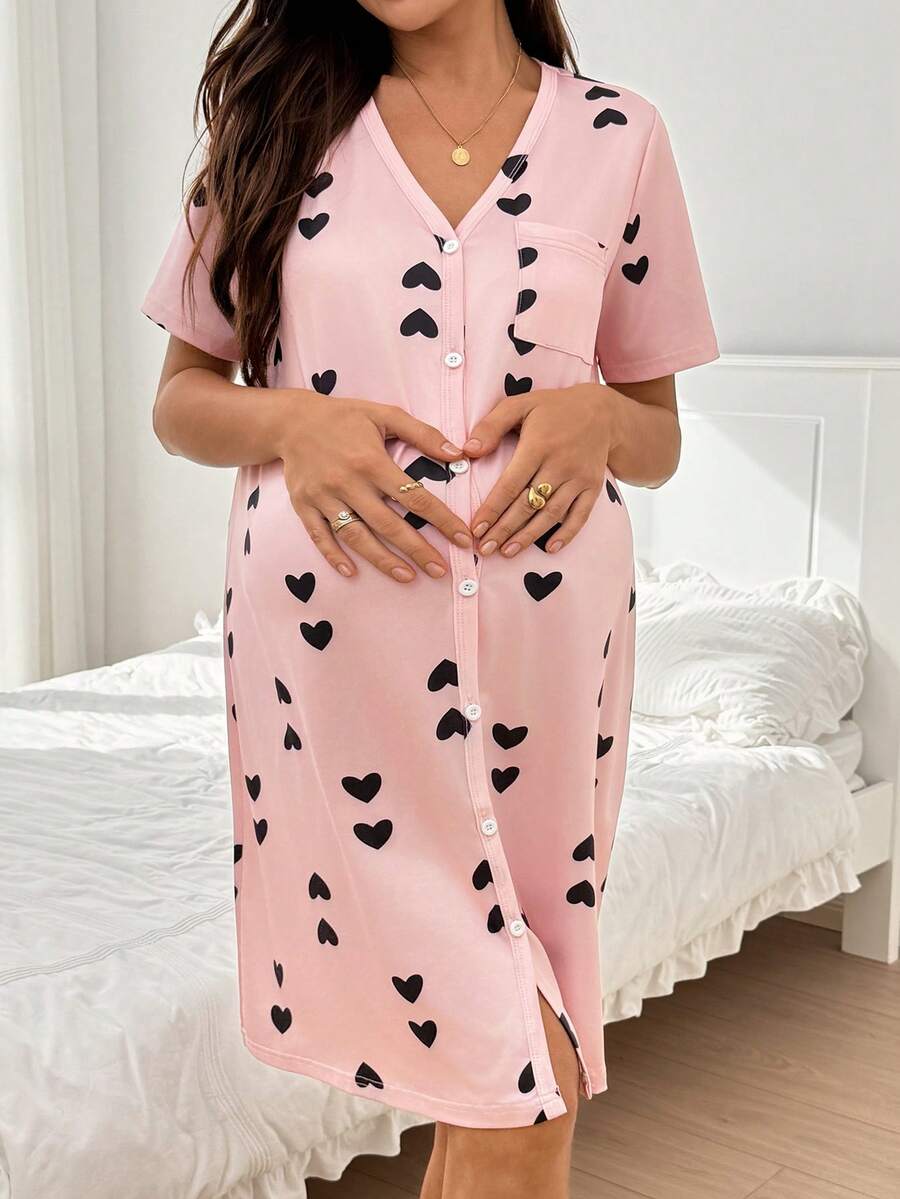 Moonlight&Mama 時尚極簡基礎款粉色前開襟黑色愛心印花孕婦居家睡袍 - 粉色 - 查看 1