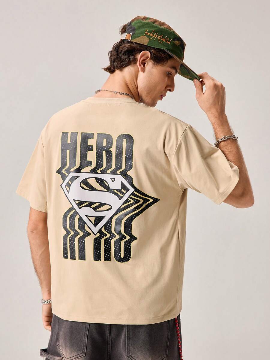 Strevion SUPERMAN 男士休闲百搭简约超人图案印花圆领短袖T恤 - 杏色 - 查看 1