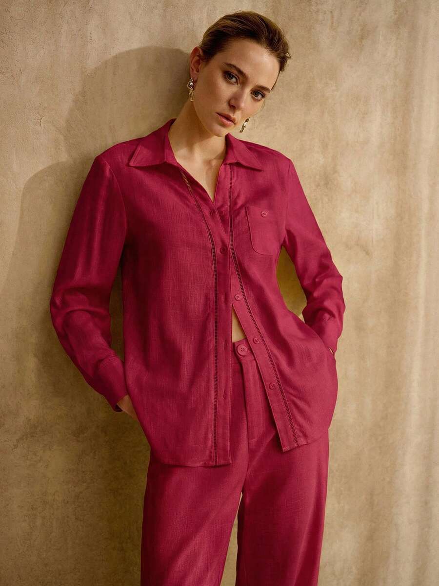 MOTF PREMIUM SOLID LONG SLEEVE SHIRT & STRAIGHT LEG PANTS SET WITHOUT BELT - Red - View 2
