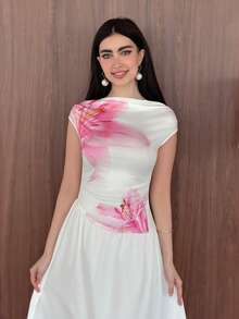Yasmeen Edit Yasmeen Edit Women's Elegant Off Shoulder Floral Print Vacation Dress White Summer - White - View 3