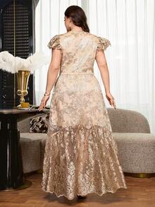 Reflora Plus Size Women's Embroidered Mesh Cap Sleeve Button Design Elegant Dress - Champagne - View 4