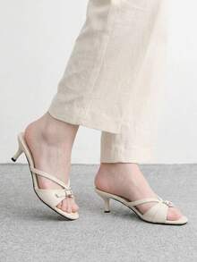CUCCOO BIZCHIC French Style Elegant Commuter Comfortable Versatile Short Heel Round Toe Button Kitten And Lady Open Toe Cold Slippers - Cream White - View 5