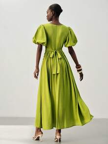 Aveloria Modichic Minimalist Design Ruched Waist Cross Neckline Petal Sleeve A-Line Long Dress For Women - Green - View 2