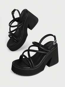 Sugerpunk Women's Wedge Heel Platform Sandals Retro Punk Style Gothic Street Style Solid Color Versatile Cross-Strap Y2k Sandals - Black - View 6