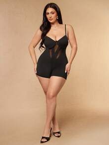SHEIN BAE CURVE Plus Size Women's Black Cup Strap Short Jumpsuit - Black - View 3