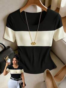 GlowEve CURVE Plus Size Women's Casual Fitted Short Sleeve Contrast Color Patchwork Ribbed T-Shirt, Black And Apricot Top, Spring Summer Top, Beach, Elegant Party Top, Casual Top, Wedding Guest Top, Vacation, Graduation Top, Birthday Top, Summer Holiday, Office Commuter Wear, Country Style - Black - View 4