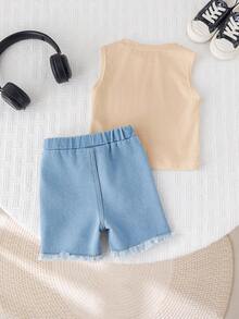 SHEIN 2pcs Baby Boy Summer Casual Street Chic Car Graphic Tank Top And Denim Shorts Set - Multicolor - View 2