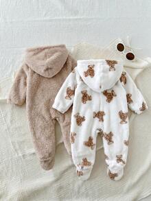 SHEIN 2pcs Newborn Baby Boy Baby Girl Autumn/Winter Cute Casual Cartoon Bear Pattern Fuzzy Hooded Footed Romper Set, Unisex Baby Clothes, Baby Winter Clothes - Multicolor - View 2