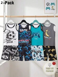 SHEIN 青少年男孩修身居家休閒套裝，背心與短褲組合，趣味街頭香蕉滑板酷炫數位印花褲，適合夏季多用途穿搭 - 彩色 - 查看 7