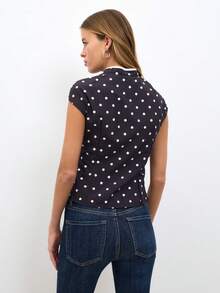 Nöista Áo crop top cổ tàu họa tiết chấm bi dáng ôm cho mùa hè, phong cách đi du lịch và thường ngày thanh lịch - Màu tím - Xem 5