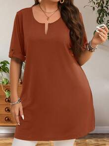 EMERY ROSE Plus Size Women's Early Spring Short Sleeve Long Length Army Green T-Shirt - Rust Brown - View 5