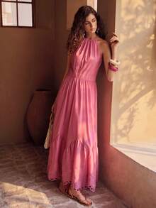 MOTF PREMIUM GAUN HALTER BORDIR KATUN BERONGGA UNTUK WANITA, MUSIM SEMI/PANAS - Watermelon Pink - View 4