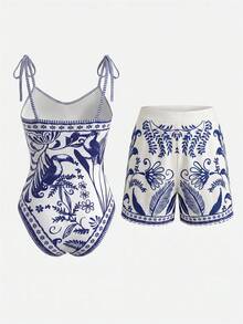 Swim Oasis 26SS Spring/Summer Vacation Fish BOHO Style One-Piece Swimsuit With Shorts 2 Pieces Set - Multicolor - View 10